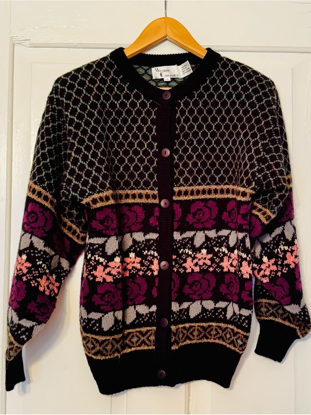 Vintage 90’s Western Connection Floral Knit Cardigan Sweater - Black & Purple